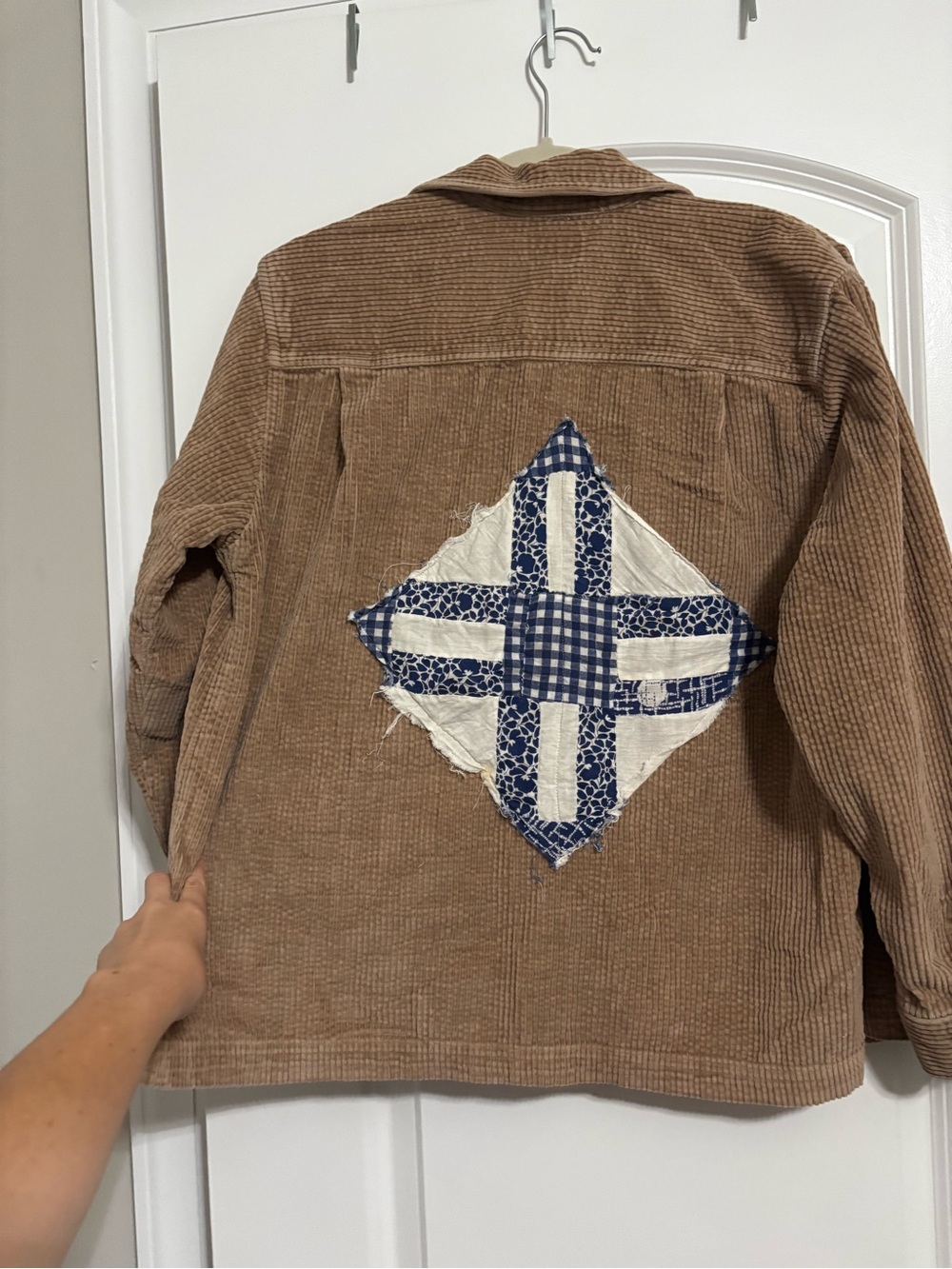 Corduroy Patchwork Jacket - Tan with Blue Accent